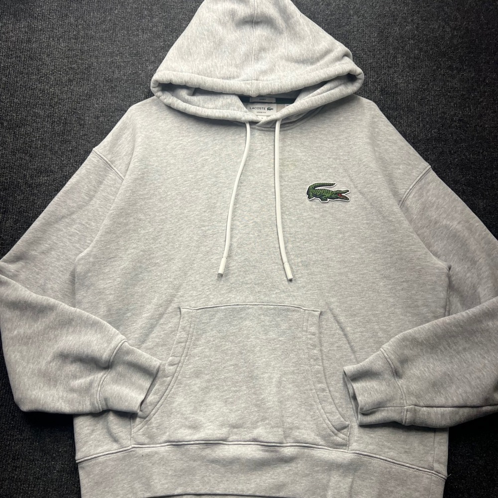 Lacoste Loose Fit Hoodie Heather Gray Cotton Croc Logo Unisex M FA13487/331